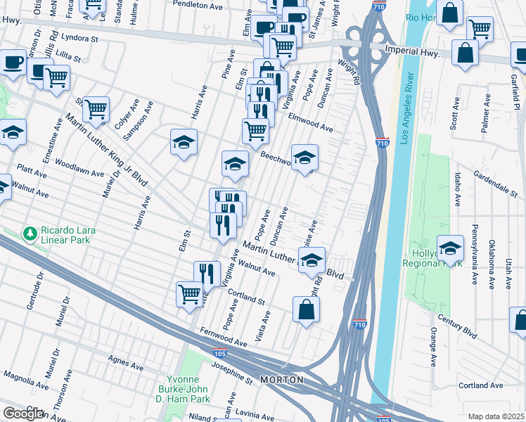 map of restaurants, bars, coffee shops, grocery stores, and more near 11313 Pope Ave in Lynwood