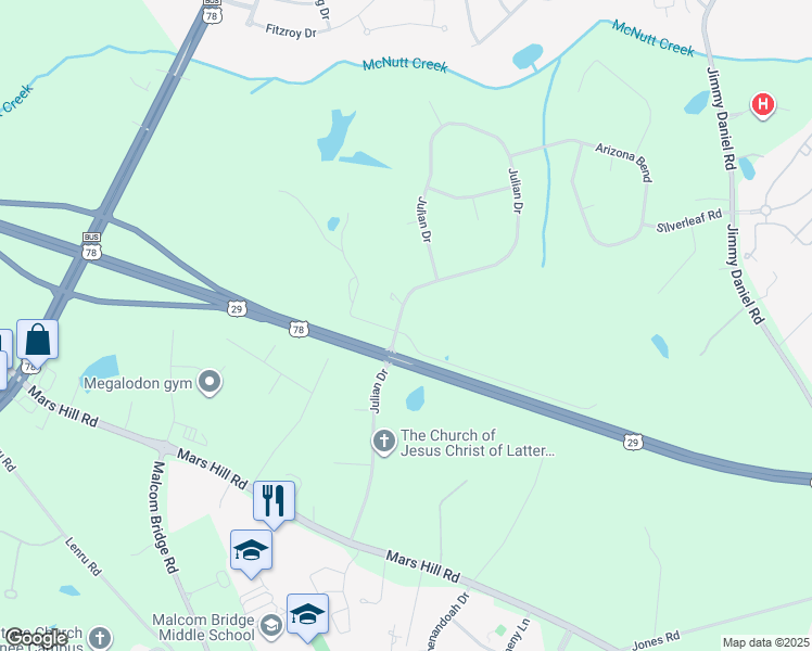 map of restaurants, bars, coffee shops, grocery stores, and more near 1260 Julian Drive in Watkinsville