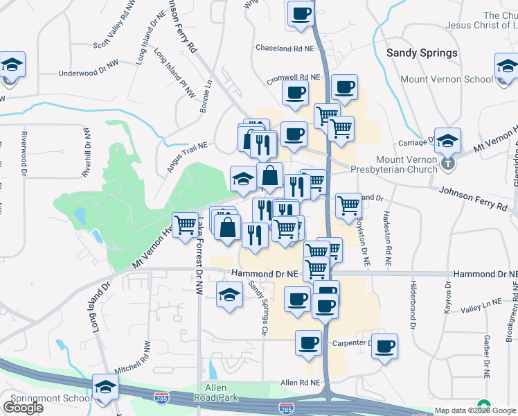map of restaurants, bars, coffee shops, grocery stores, and more near 150 Hilderbrand Drive Northeast in Sandy Springs