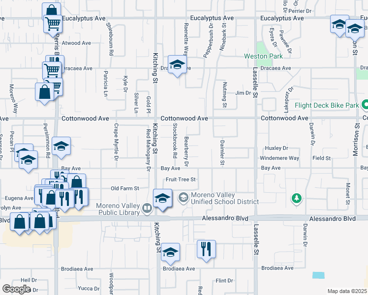 map of restaurants, bars, coffee shops, grocery stores, and more near 13647 Bearberry Drive in Moreno Valley