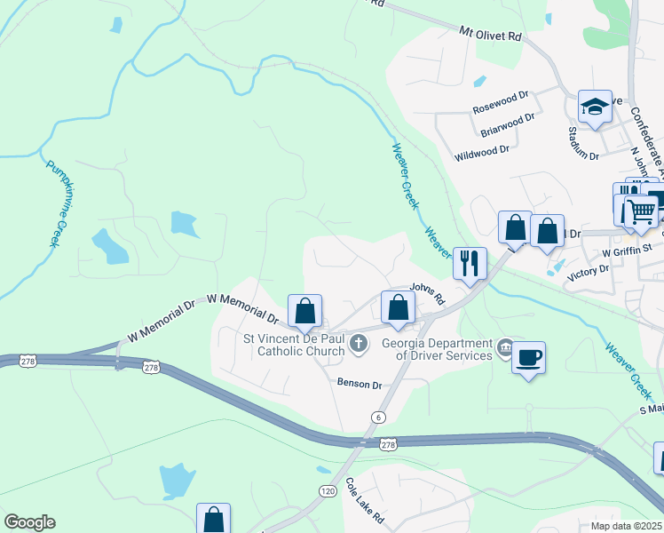 map of restaurants, bars, coffee shops, grocery stores, and more near Woodland Drive in Dallas