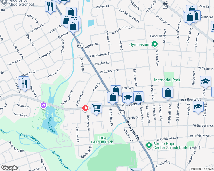 map of restaurants, bars, coffee shops, grocery stores, and more near 103 North Guignard Drive in Sumter
