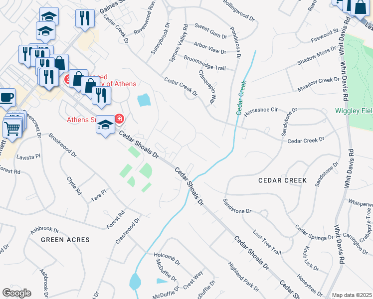 map of restaurants, bars, coffee shops, grocery stores, and more near 102 Oak Park Court in Athens