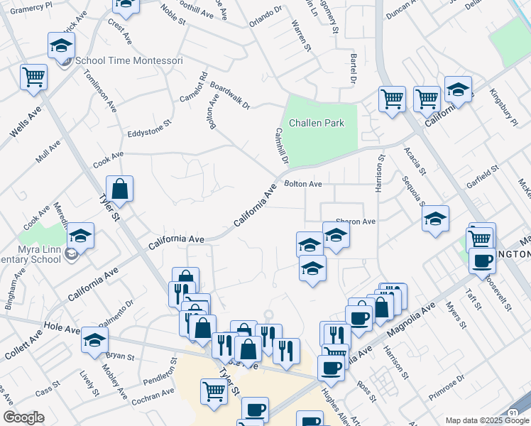 map of restaurants, bars, coffee shops, grocery stores, and more near 3986 Tomlinson Avenue in Riverside