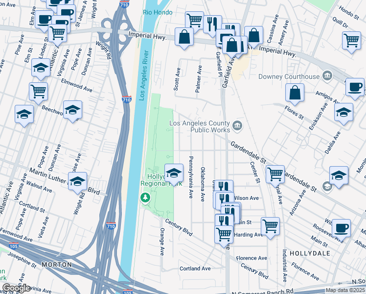 map of restaurants, bars, coffee shops, grocery stores, and more near 11384 Idaho Avenue in South Gate
