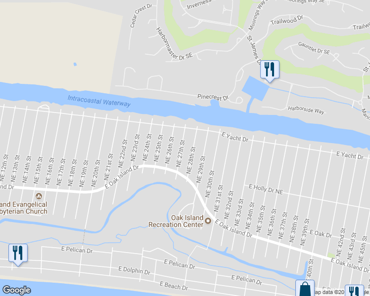 map of restaurants, bars, coffee shops, grocery stores, and more near 120 Northeast 27th Street in Oak Island