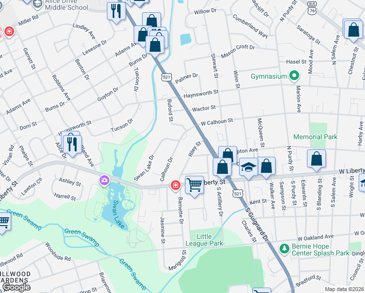 map of restaurants, bars, coffee shops, grocery stores, and more near 45 Calhoun Drive in Sumter