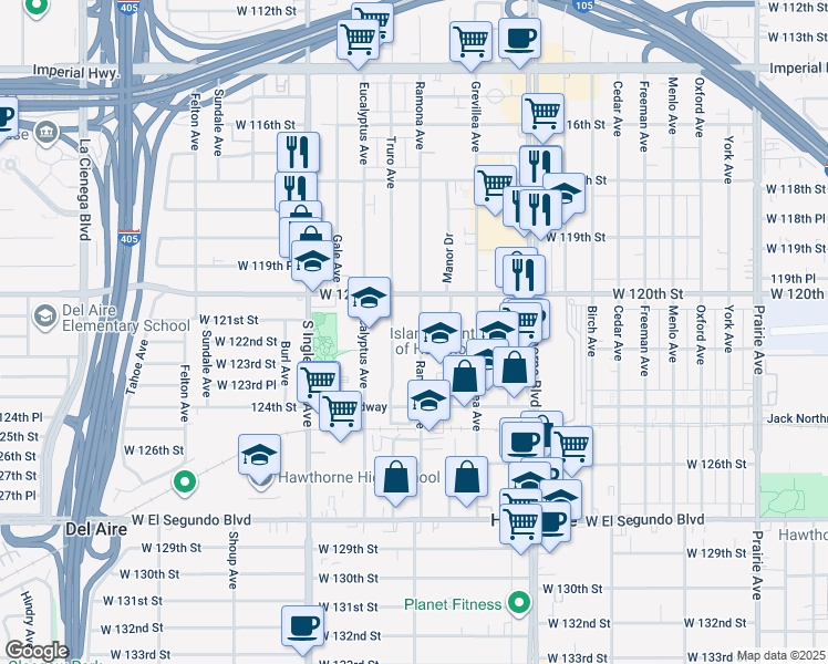 map of restaurants, bars, coffee shops, grocery stores, and more near 12117 Ramona Avenue in Hawthorne