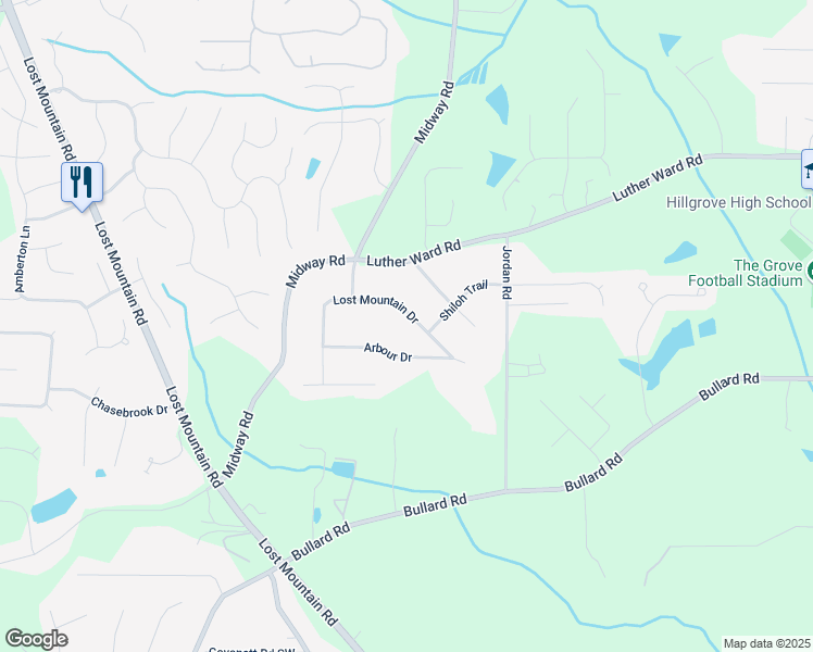 map of restaurants, bars, coffee shops, grocery stores, and more near 4481 Lost Mountain Dr in Powder Springs