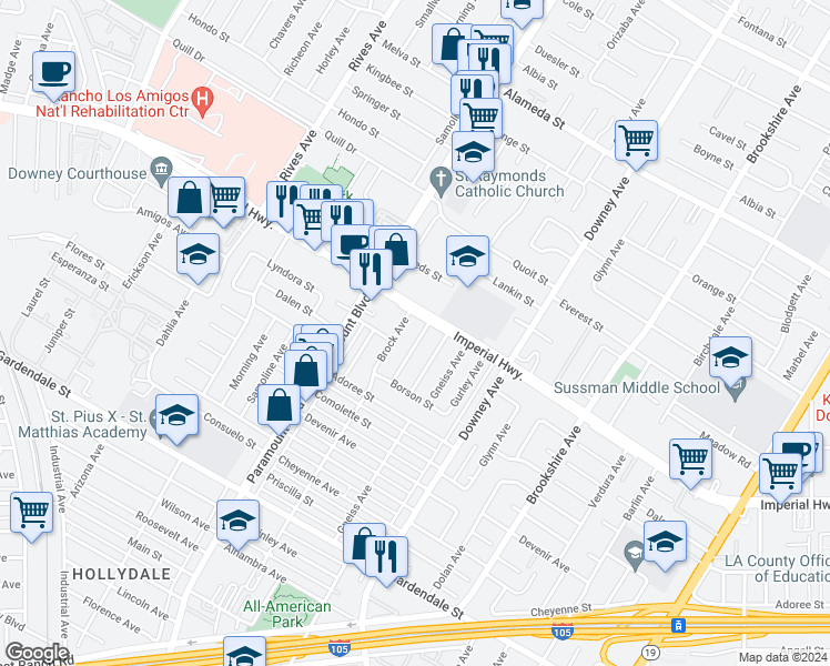 map of restaurants, bars, coffee shops, grocery stores, and more near 12615 Orizaba Avenue in Downey
