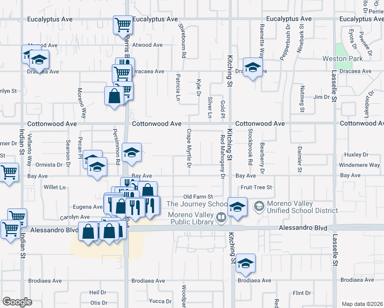 map of restaurants, bars, coffee shops, grocery stores, and more near 13654 Crape Myrtle Drive in Moreno Valley
