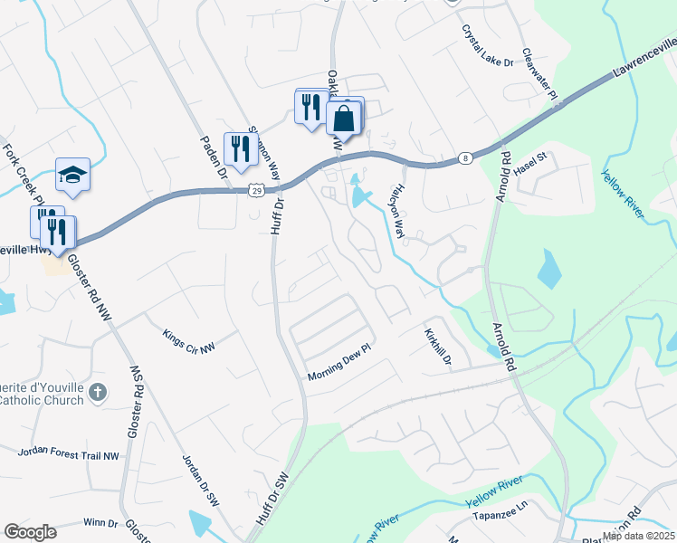 map of restaurants, bars, coffee shops, grocery stores, and more near 121 Irwell Path in Lawrenceville