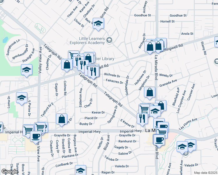 map of restaurants, bars, coffee shops, grocery stores, and more near 14659 Starpath Drive in La Mirada