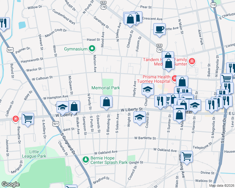 map of restaurants, bars, coffee shops, grocery stores, and more near 401 West Hampton Avenue in Sumter