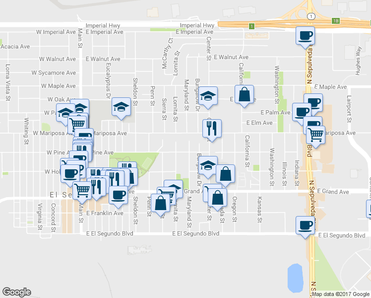 map of restaurants, bars, coffee shops, grocery stores, and more near 513 Maryland Street in El Segundo