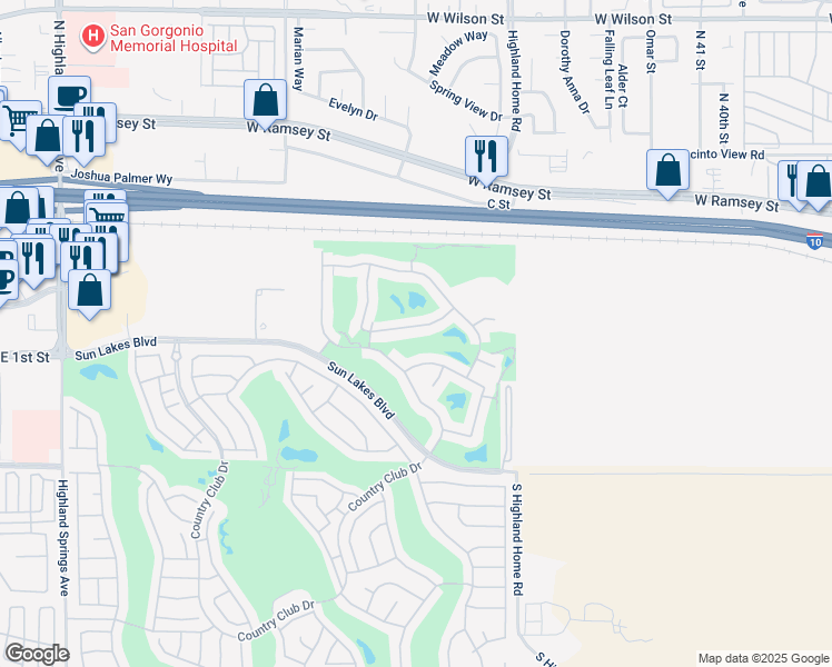 map of restaurants, bars, coffee shops, grocery stores, and more near 4917 Rolling Hills Avenue in Banning