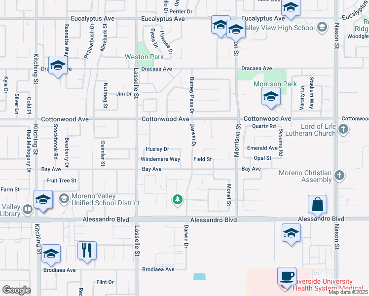 map of restaurants, bars, coffee shops, grocery stores, and more near 13638 Regis Drive in Moreno Valley
