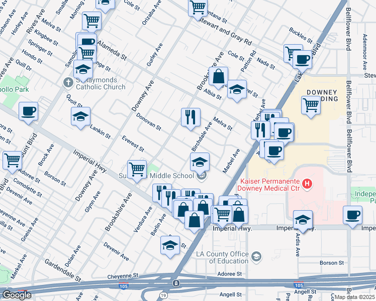map of restaurants, bars, coffee shops, grocery stores, and more near 8603 Donovan Street in Downey