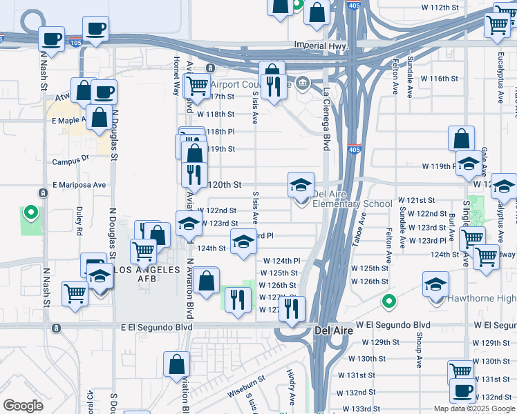 map of restaurants, bars, coffee shops, grocery stores, and more near 5357 West 122nd Street in Hawthorne
