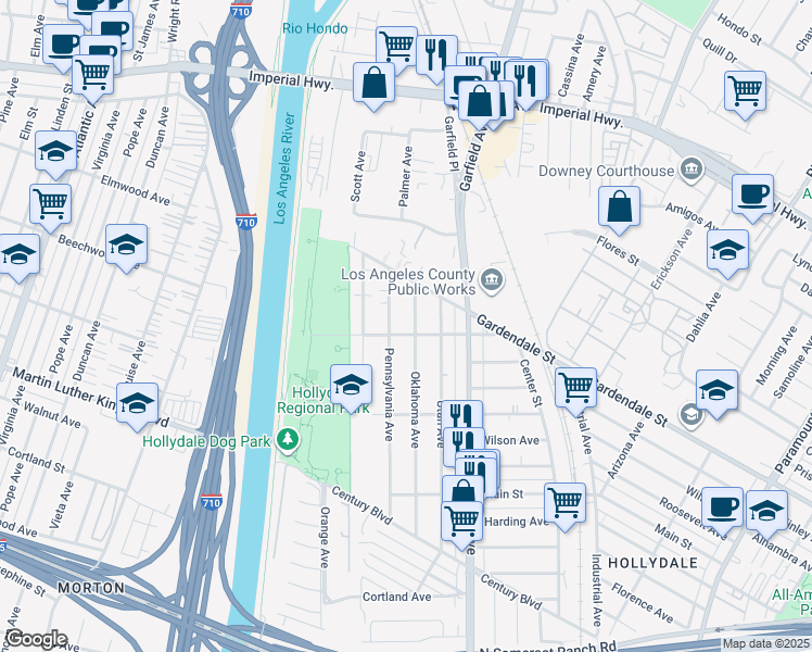 map of restaurants, bars, coffee shops, grocery stores, and more near 11353 Oklahoma Avenue in South Gate