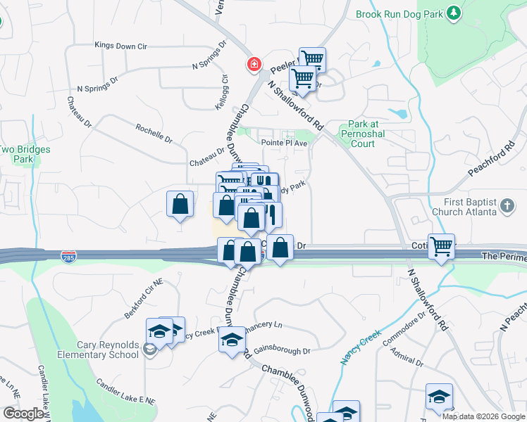 map of restaurants, bars, coffee shops, grocery stores, and more near 4511 Chamblee Dunwoody Road in Dunwoody