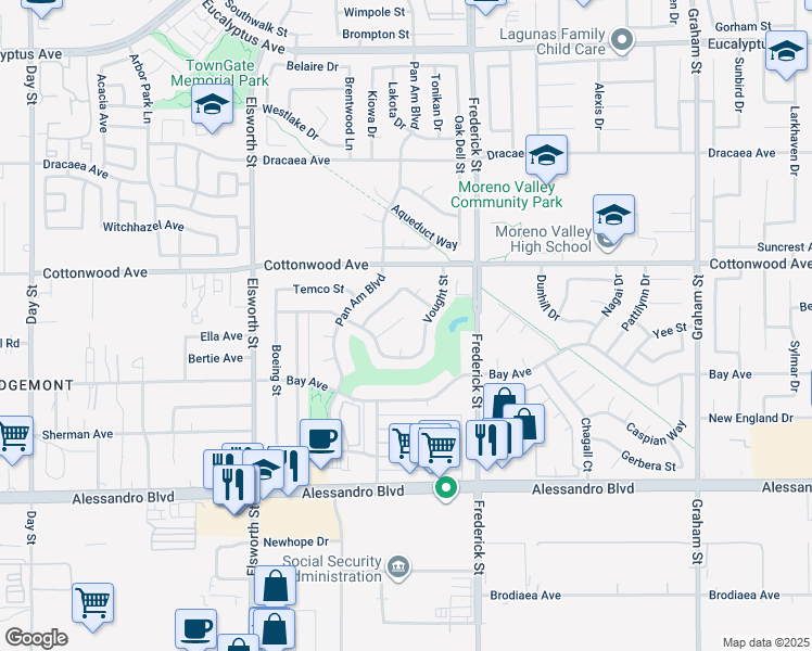 map of restaurants, bars, coffee shops, grocery stores, and more near 13624 Player Court in Moreno Valley