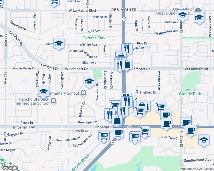map of restaurants, bars, coffee shops, grocery stores, and more near 810 Sturbridge Drive in La Habra