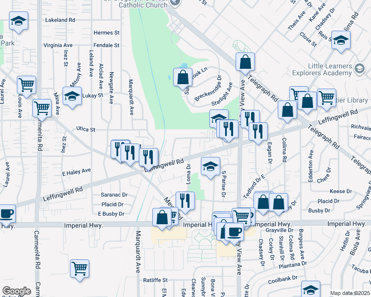 map of restaurants, bars, coffee shops, grocery stores, and more near 11827 Loma Drive in Whittier