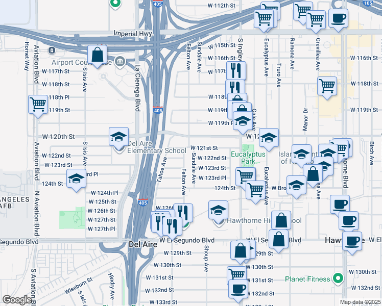 map of restaurants, bars, coffee shops, grocery stores, and more near 4939 West 122nd Street in Hawthorne