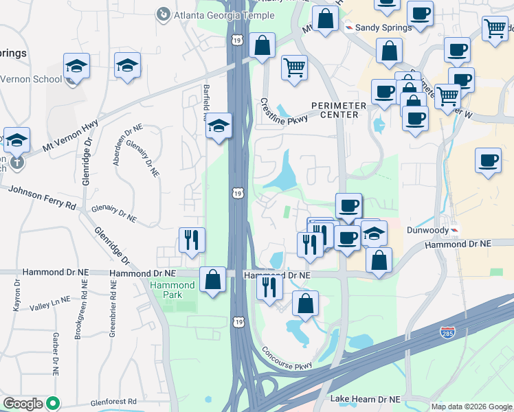 map of restaurants, bars, coffee shops, grocery stores, and more near 88 Dunwoody Springs Drive in Atlanta