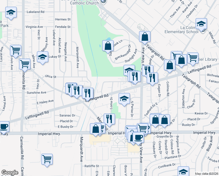 map of restaurants, bars, coffee shops, grocery stores, and more near 11827 Loma Drive in Whittier