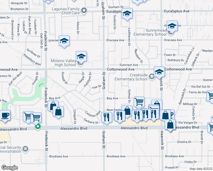map of restaurants, bars, coffee shops, grocery stores, and more near 13643 New Haven Drive in Moreno Valley