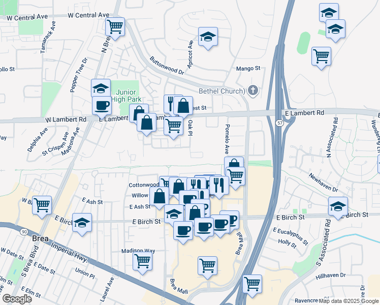 map of restaurants, bars, coffee shops, grocery stores, and more near 331-333 Cliffwood Park Street in Brea