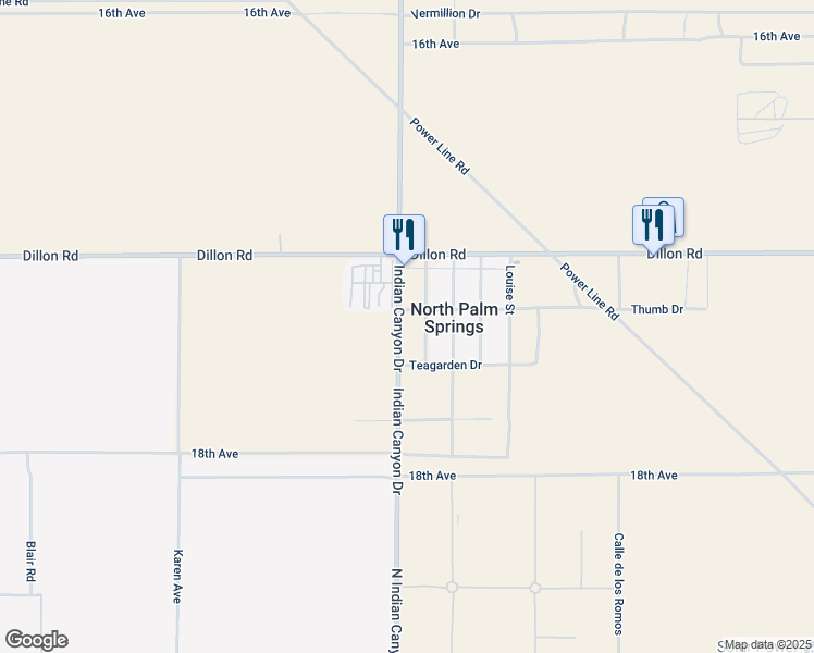 map of restaurants, bars, coffee shops, grocery stores, and more near 17360 North Indian Canyon Drive in North Palm Springs