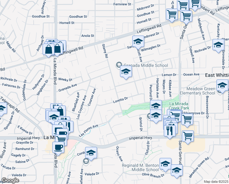 map of restaurants, bars, coffee shops, grocery stores, and more near 11921 Stamy Road in La Mirada