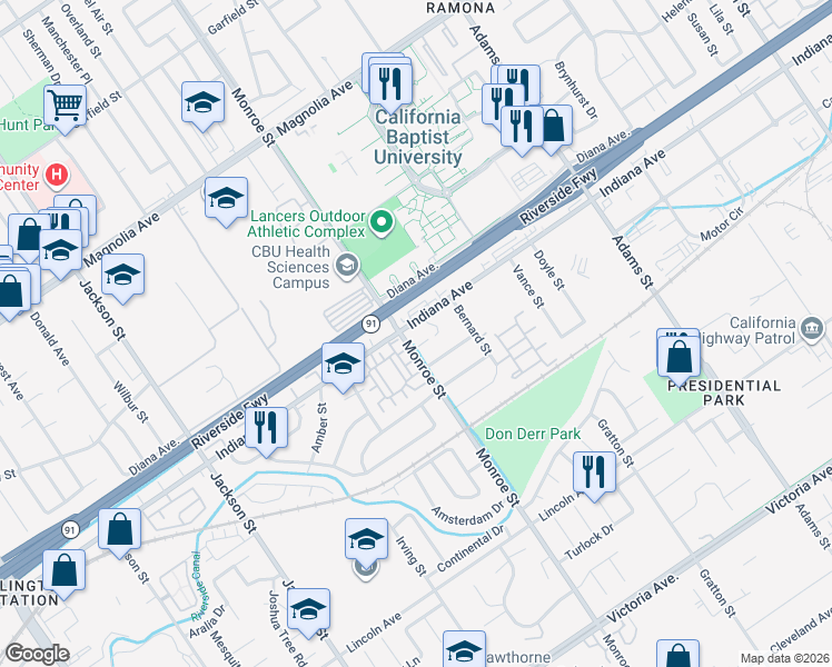 map of restaurants, bars, coffee shops, grocery stores, and more near 8680 Indiana Avenue in Riverside