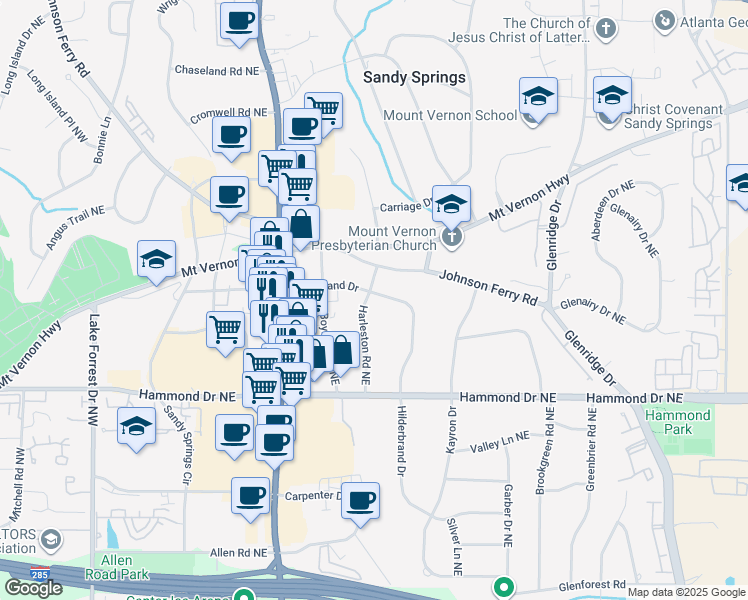 map of restaurants, bars, coffee shops, grocery stores, and more near 373 Hilderbrand Drive in Atlanta