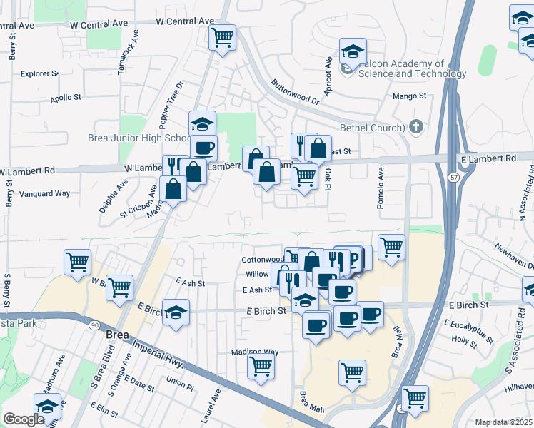 map of restaurants, bars, coffee shops, grocery stores, and more near 320 Thor Place in Brea