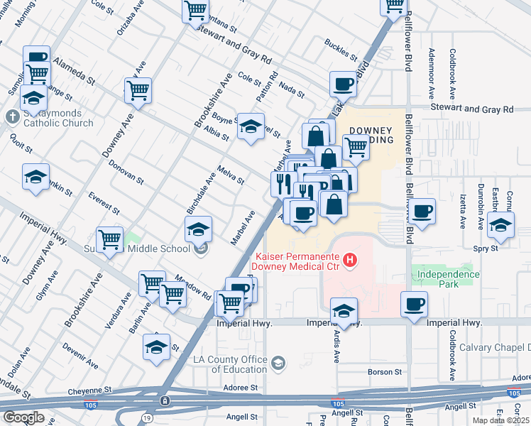 map of restaurants, bars, coffee shops, grocery stores, and more near 8759 Mory Street in Downey