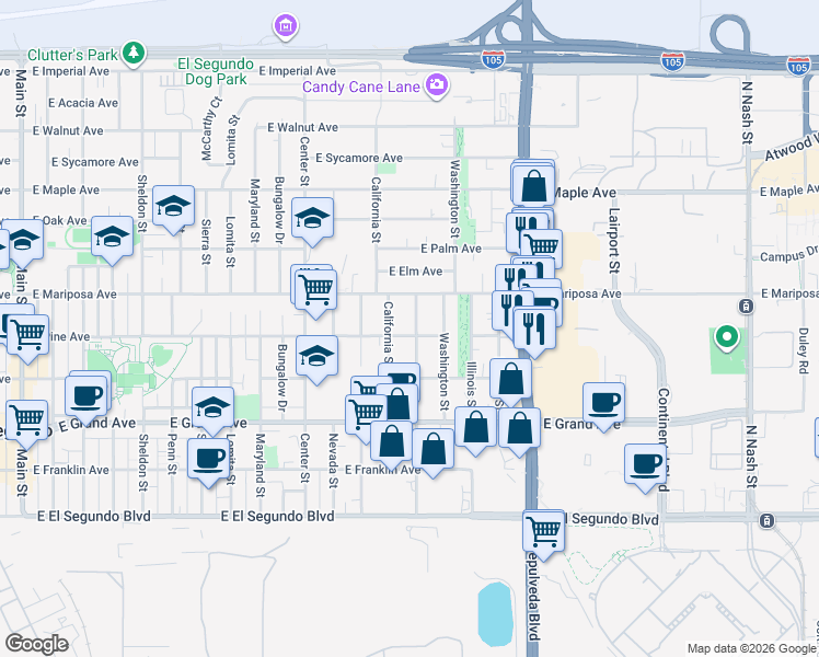map of restaurants, bars, coffee shops, grocery stores, and more near 505 Kansas Street in El Segundo