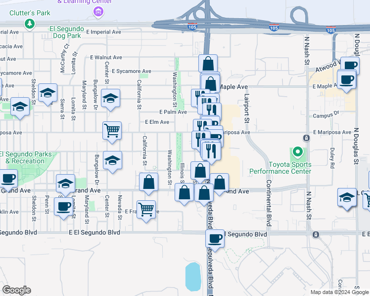 map of restaurants, bars, coffee shops, grocery stores, and more near 1711 East Pine Avenue in El Segundo
