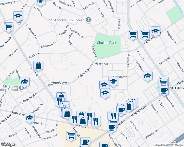 map of restaurants, bars, coffee shops, grocery stores, and more near 3960 Tomlinson Avenue in Riverside