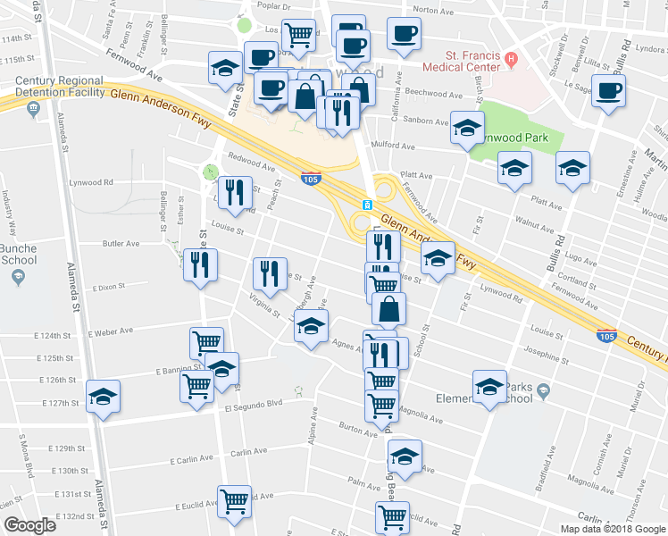 map of restaurants, bars, coffee shops, grocery stores, and more near 3322 Louise Street in Lynwood