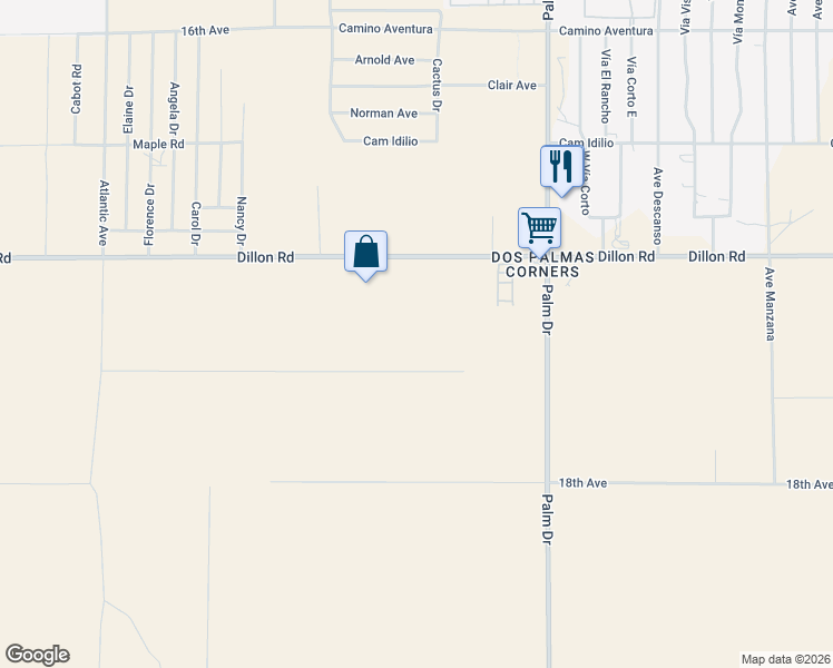 map of restaurants, bars, coffee shops, grocery stores, and more near 66251 Dillon Road in Desert Hot Springs