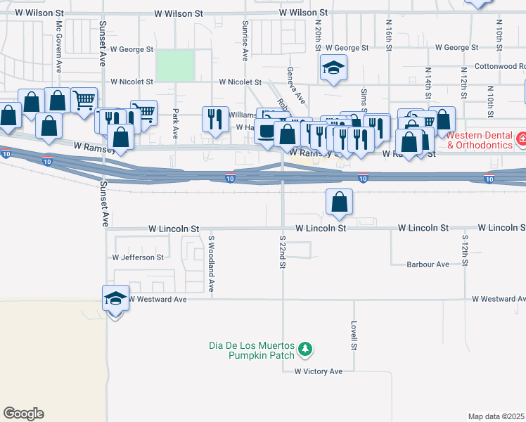 map of restaurants, bars, coffee shops, grocery stores, and more near 285 South 23rd Street in Banning