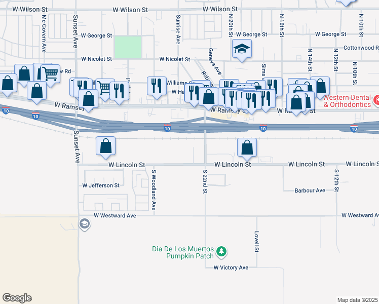 map of restaurants, bars, coffee shops, grocery stores, and more near 285 South 23rd Street in Banning