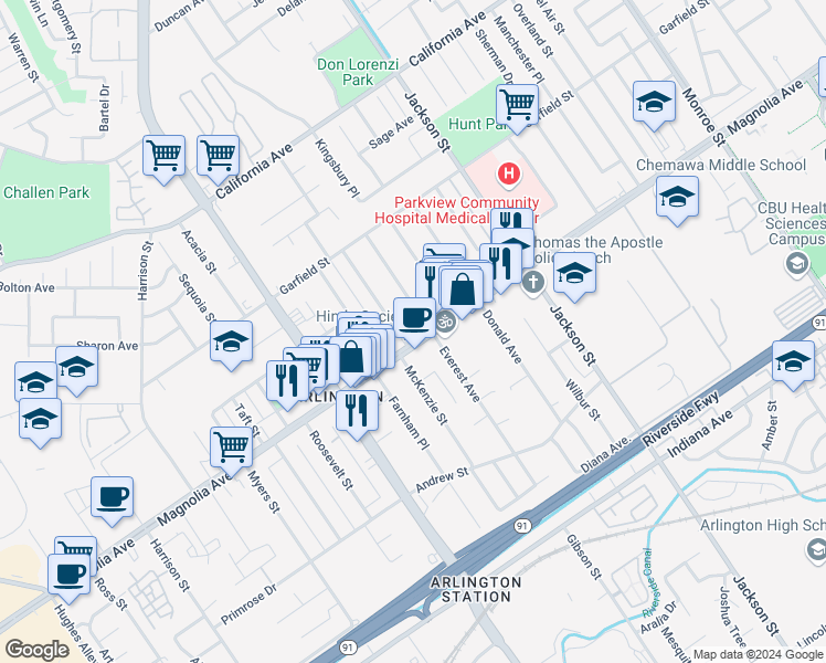 map of restaurants, bars, coffee shops, grocery stores, and more near 9345 Magnolia Avenue in Riverside