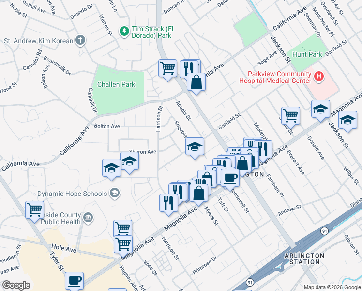 map of restaurants, bars, coffee shops, grocery stores, and more near 4006 Sequoia Street in Riverside