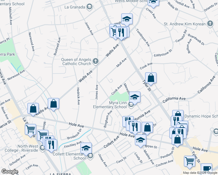 map of restaurants, bars, coffee shops, grocery stores, and more near 4611 Duarte Court in Riverside