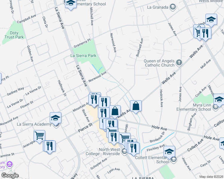 map of restaurants, bars, coffee shops, grocery stores, and more near 10920 Sunnyslope Avenue in Riverside